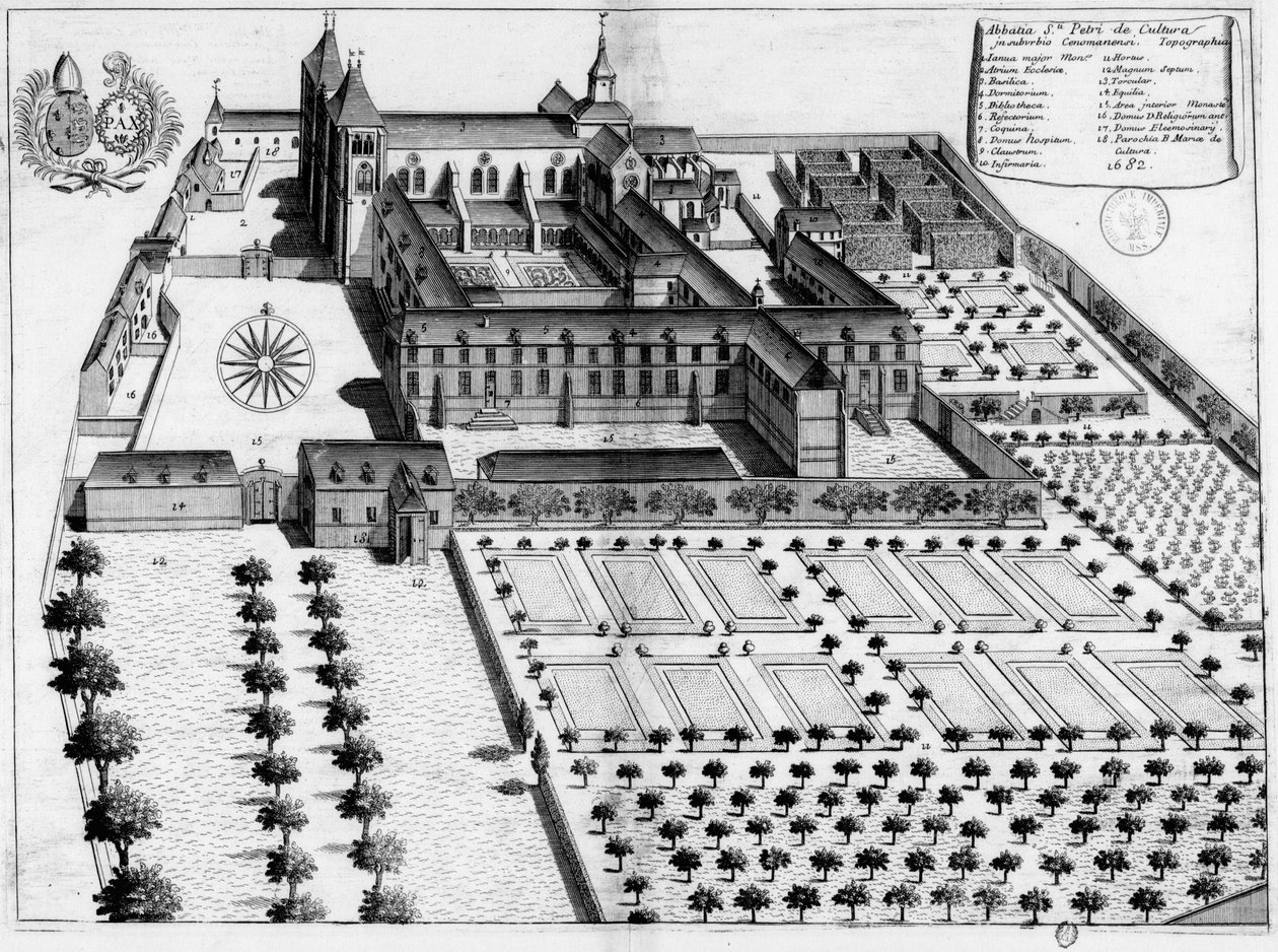Gravierte Tafel aus dem 17. Jahrhundert, die die Abtei Saint-Pierre de la Couture du Mans darstellt von Michel Germain