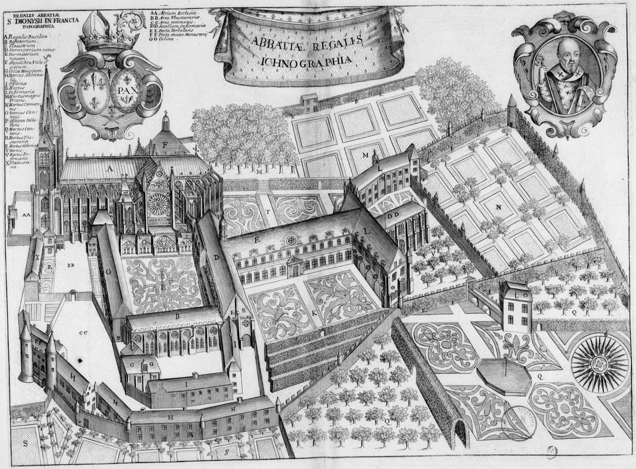 Gravierte Tafel aus dem 17. Jahrhundert, die die Abtei Saint-Denis in Frankreich darstellt, im Buch Monasticon Gallicanum von Michel Germain