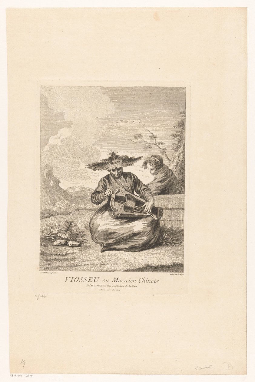 Man in kleermakerszit met draailier (Serie van Aziatische taferelen uit de collectie van het Château de la Muette) von Michel Aubert