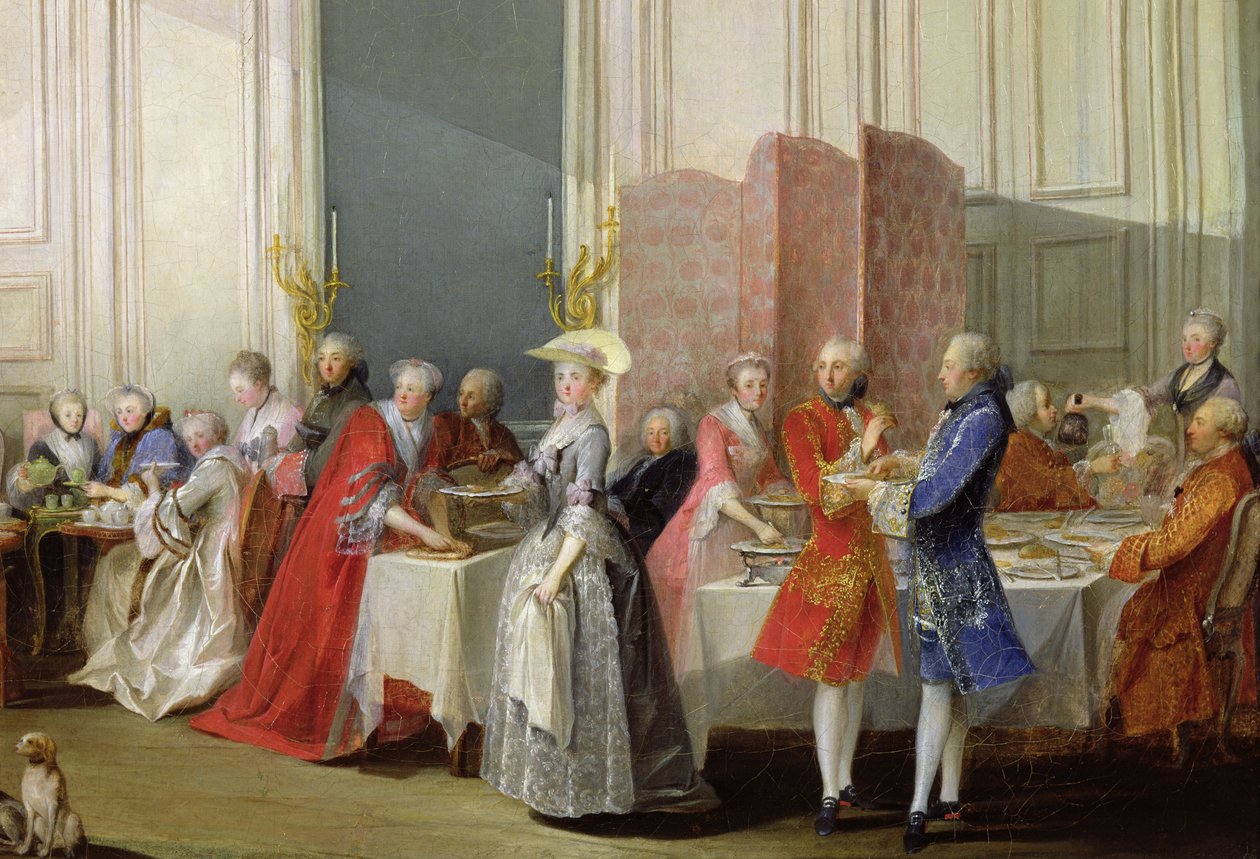 Englischer Tee im Salon des Quatre Glaces im Haus des Prinzen de Conti (1717-76) Palais du Temple, (Detail) von Michel Barthelemy Ollivier or Olivier