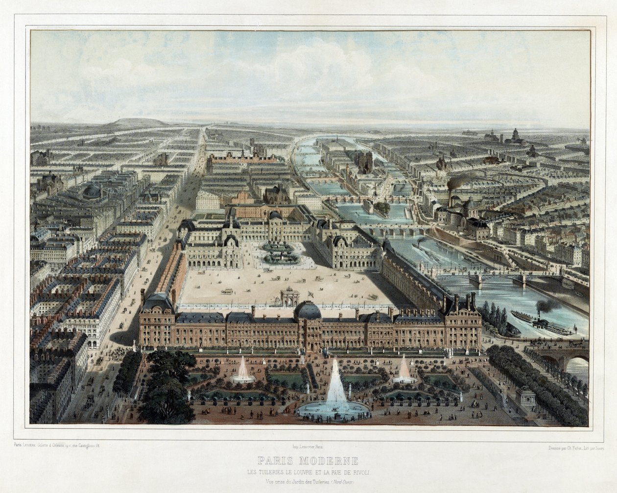 Paris Moderne - Les Tuileries, der Louvre und die Rue de Rivoli, Blick vom Jardin des Tuileries (Nordwesten), veröffentlicht 1850 von Michel Charles Fichot