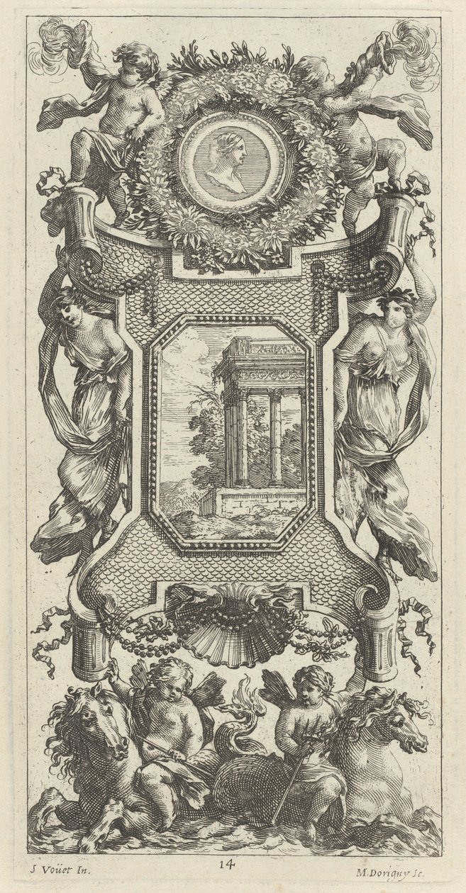 Ornamentales Panel mit einer Büste einer Frau und zwei Putti mit flammenden Trompeten von Michel Dorigny, after Simon Vouet