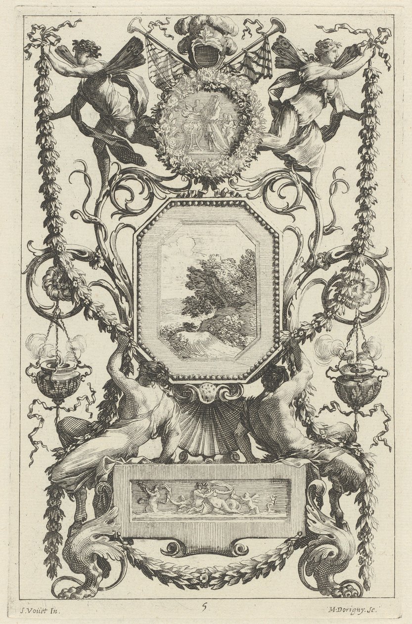Ornamentales Paneel mit einem Medaillon mit einem Opfer von Michel Dorigny, after Simon Vouet