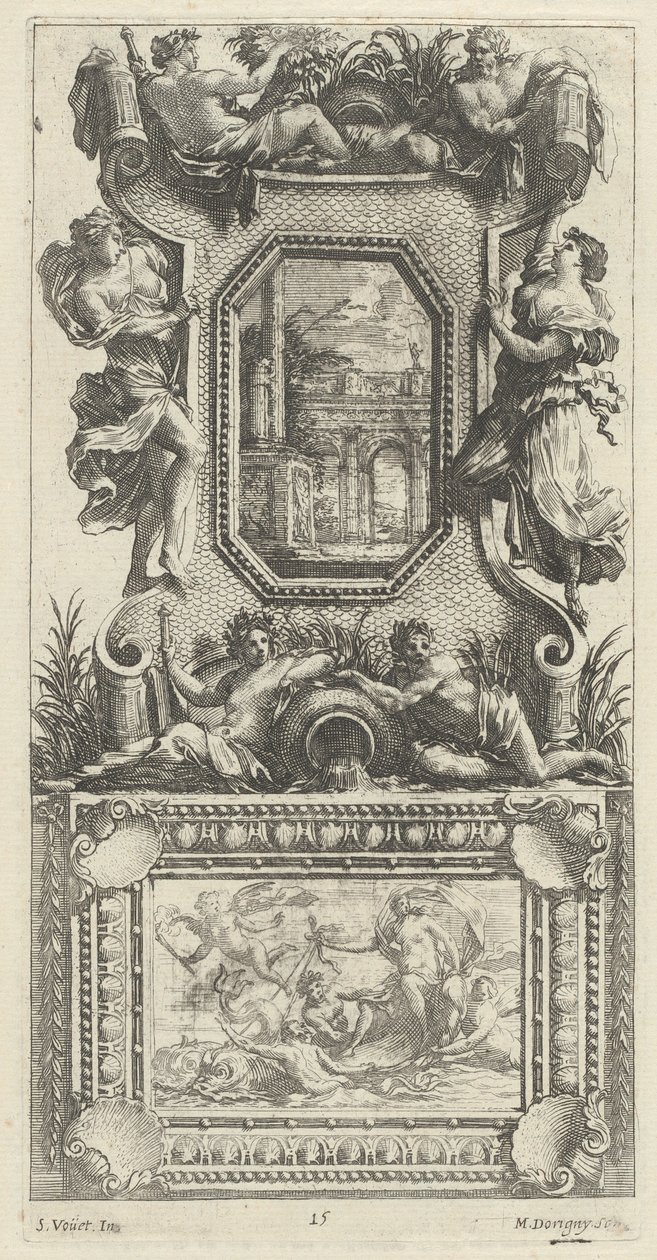 Ornamentales Panel mit einer Najade und einem Flussgott von Michel Dorigny, after Simon Vouet