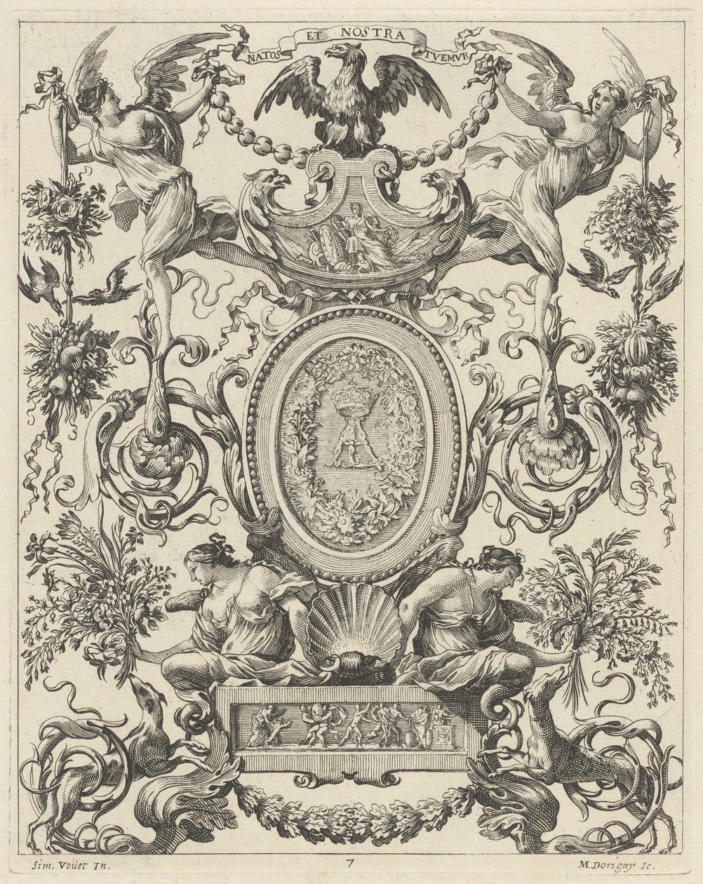 Ornamentales Panel mit einem Adler und dem Motto NATOS ET NOSTRA TUEMUR von Michel Dorigny, after Simon Vouet
