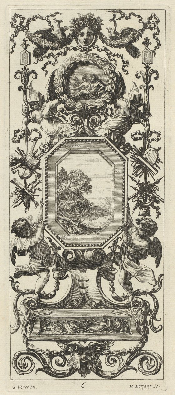 Ornamentales Paneel mit gekröntem Frauenkopf und zwei Pfauen von Michel Dorigny, after Simon Vouet