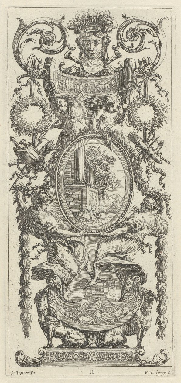 Ornamentales Panel mit einem von Laub flankierten Kopf von Michel Dorigny, after Simon Vouet