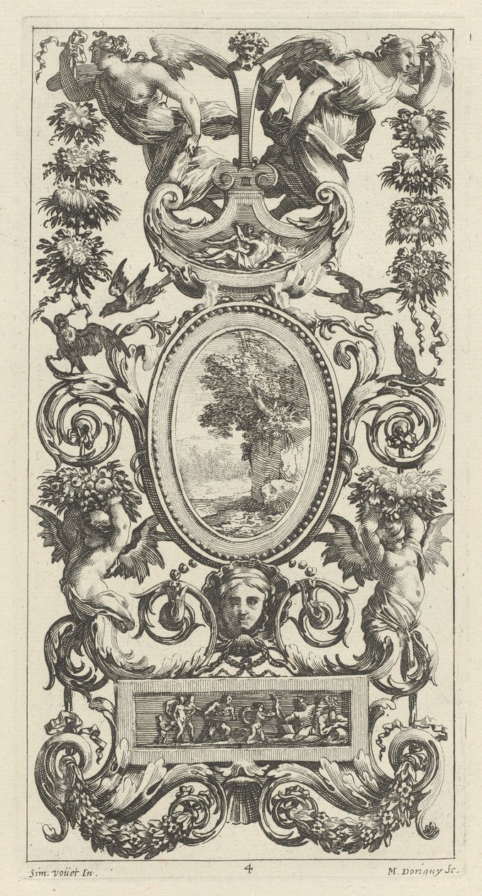 Ornamentale Tafel mit Pan und zwei Girlandentragenden Frauen von Michel Dorigny, after Simon Vouet