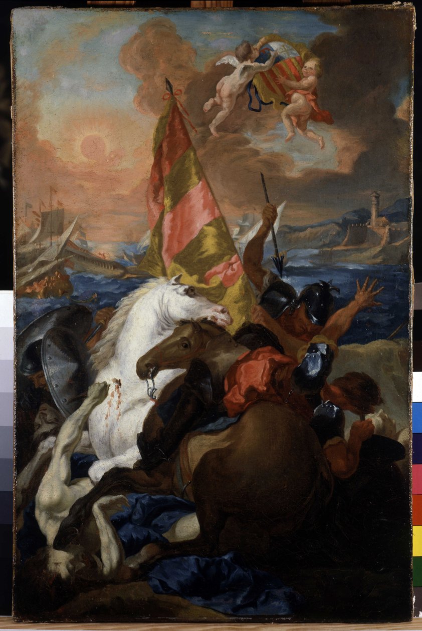 Die Bewohner von Aix retten Marseille gegen die Aragonier: Die Flotte von Alfonso V. von Aragon (1394-1458) setzt Marseille 1423 in Brand und plündert es. Gemälde von Michel Francois Dandré Bardon. 18. Jahrhundert. Musée Granet von Michel Francois Dandre Bardon