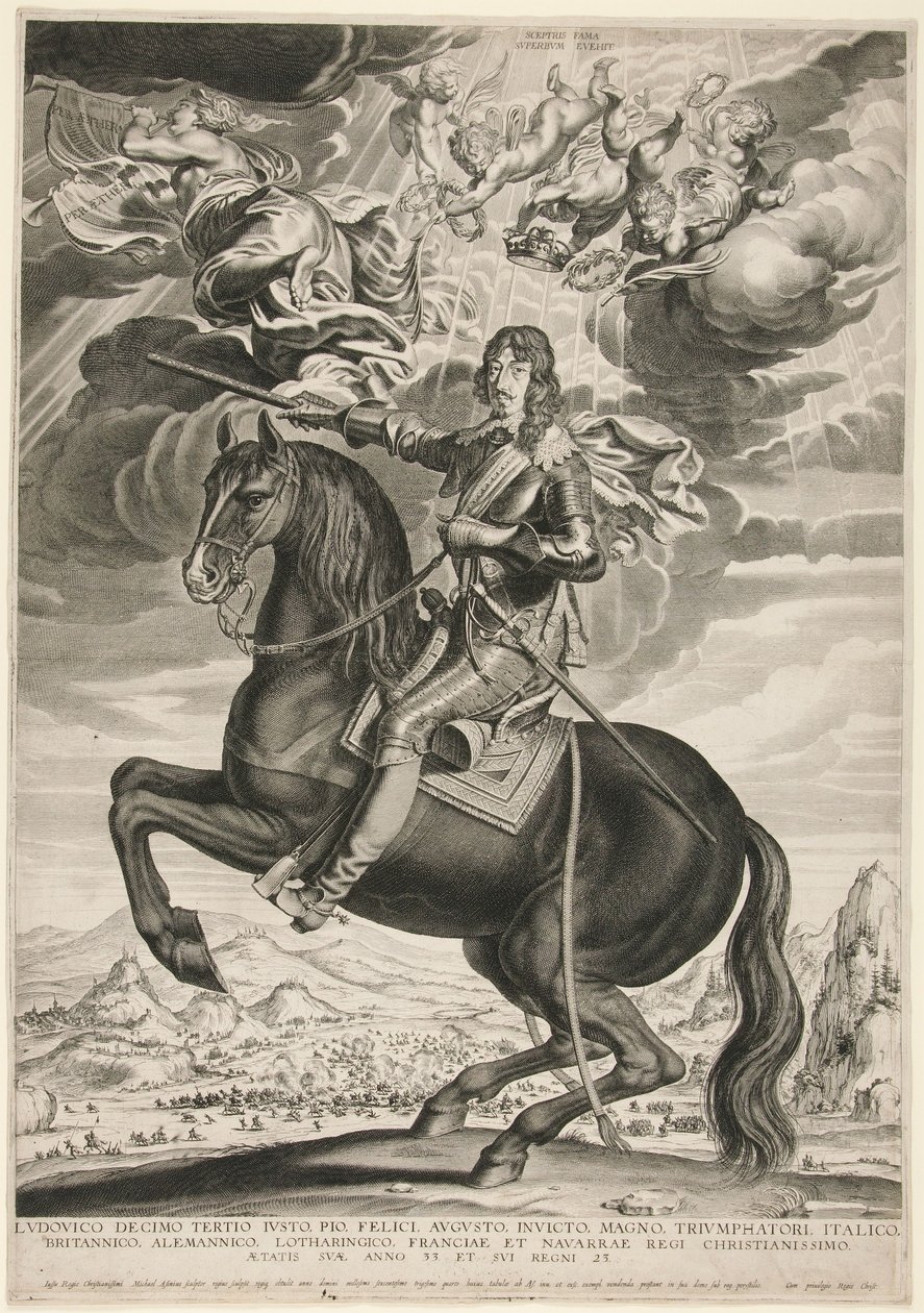 Reiterporträt von Ludwig XIII. (Bourbon) im Alter von 33 Jahren. Landschaft nach Callot von Michel Lasne