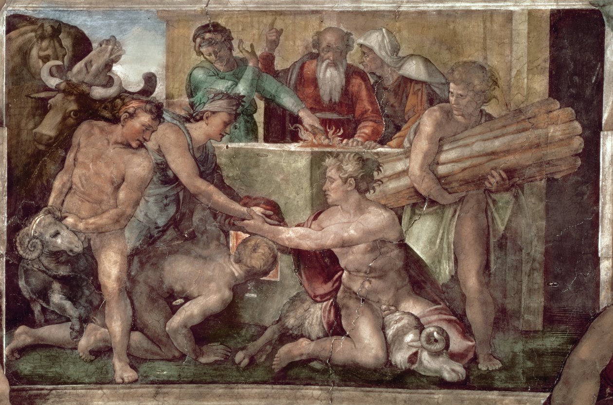 Deckenfresko der Sixtinischen Kapelle: Das Opfer Noahs (vor der Restaurierung) von Michelangelo Buonarroti