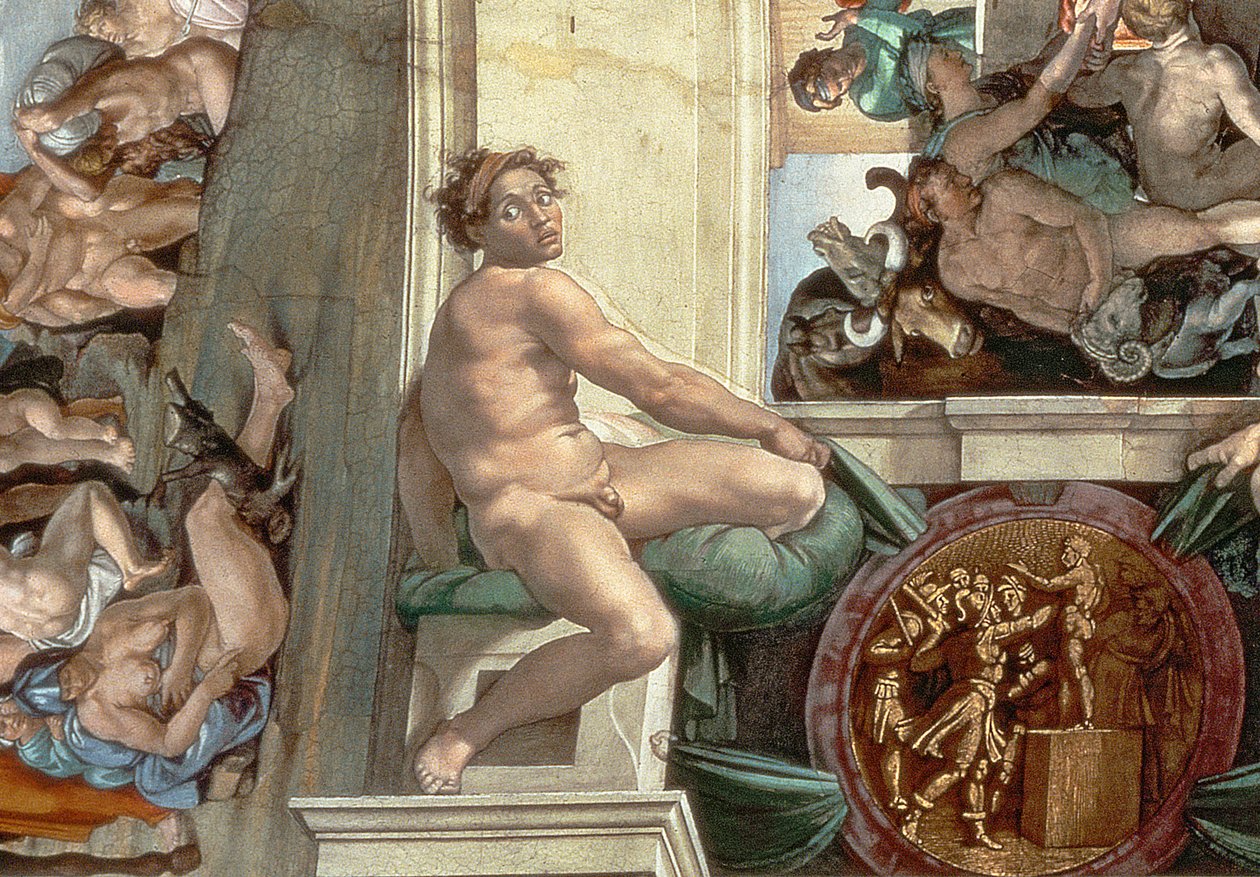 Sixtinische Kapelle Decke (1508-12) Detail eines der Ignudi (Detail) von Michelangelo Buonarroti