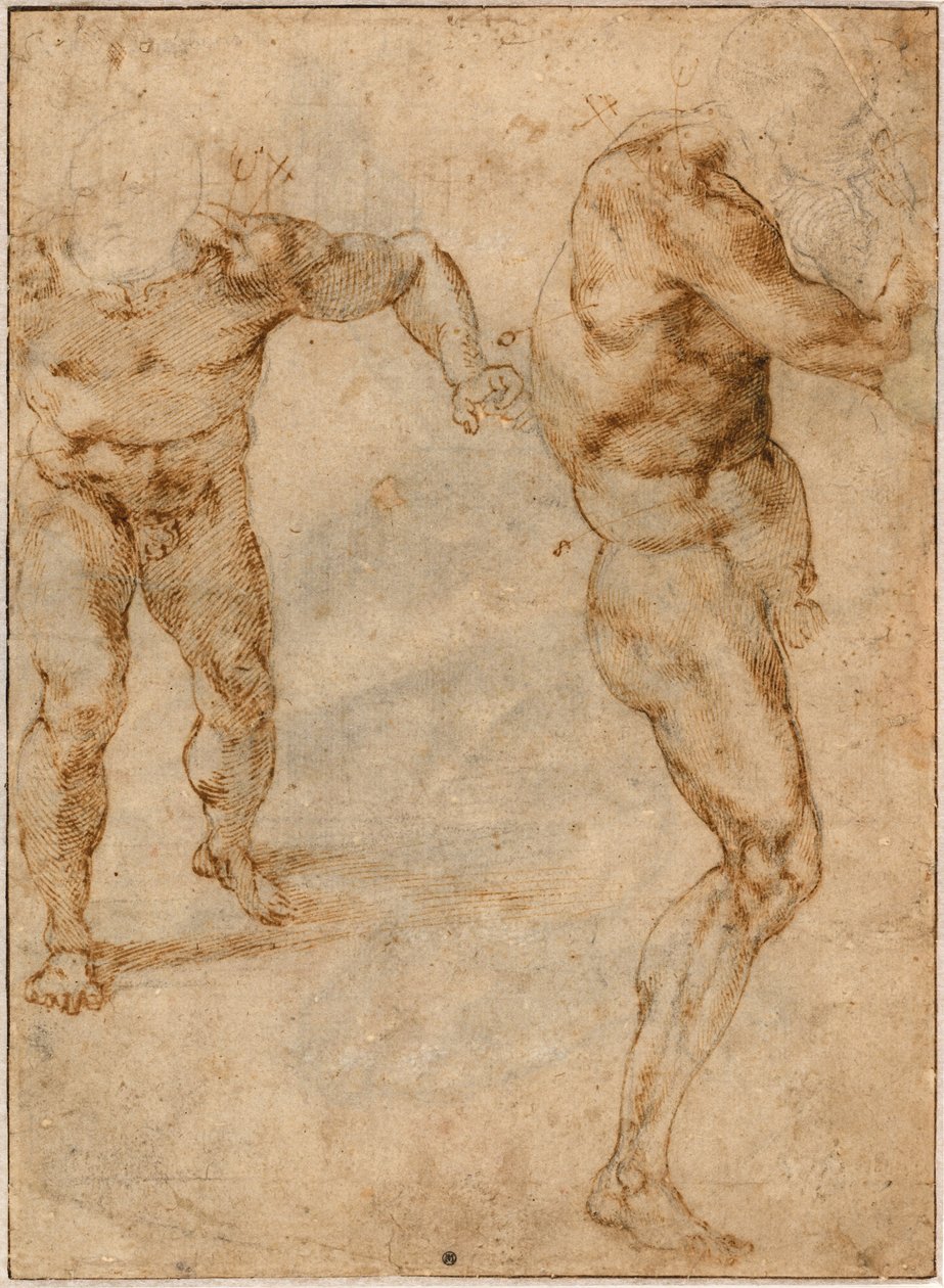 Zwei Aktstudien eines Mannes, der vorwärts stürmt, und ein anderer, der sich nach rechts dreht von Michelangelo