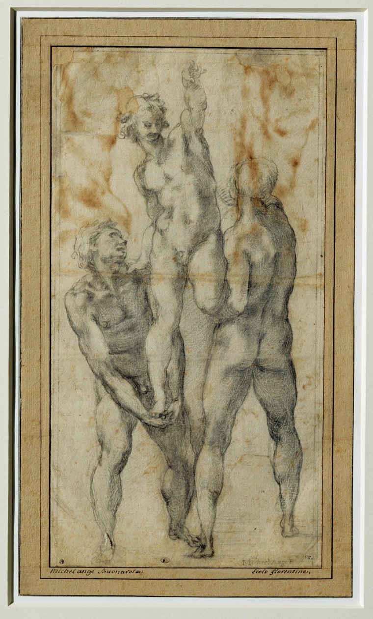 Zwei nackte Männer heben einen dritten, um 1502-06 von Michelangelo Buonarroti