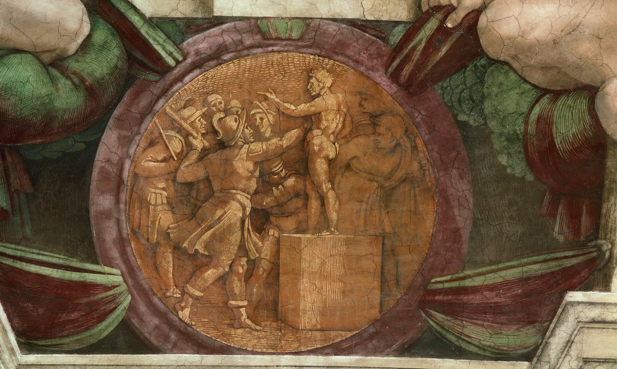 Medaille zeigt die Zerstörung der Statue des Gottes Baal..., 1508-1512 von Michelangelo Buonarroti
