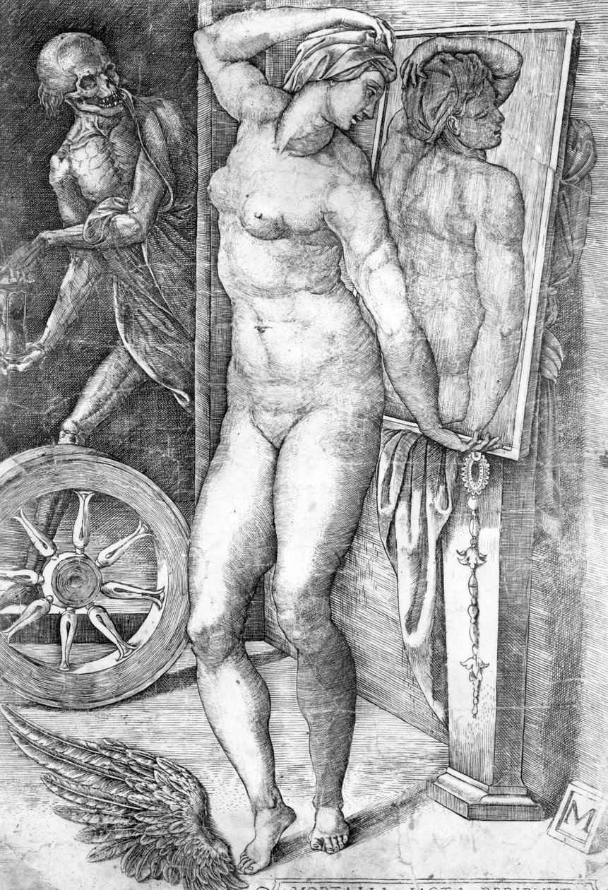 Akt, der sich im Spiegel betrachtet, Druck von Monogrammist von Michelangelo Buonarroti