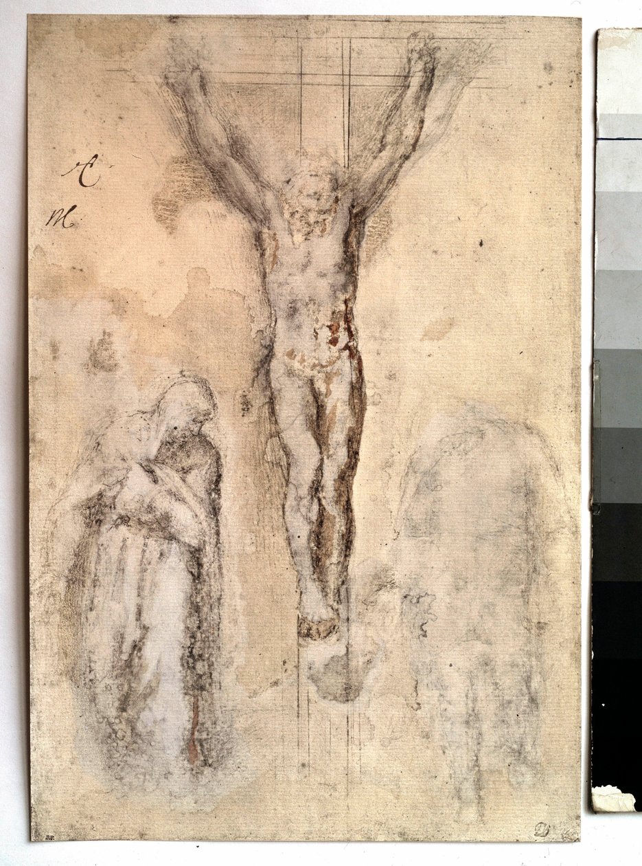 Studie für eine Kreuzigung Darstellung von Christus am Kreuz mit der Jungfrau und dem Heiligen Johannes. Zeichnung von Michelangelo Buonarroti genannt Michelangelo (Michelangelo oder Michel Ange) von Michelangelo Buonarroti