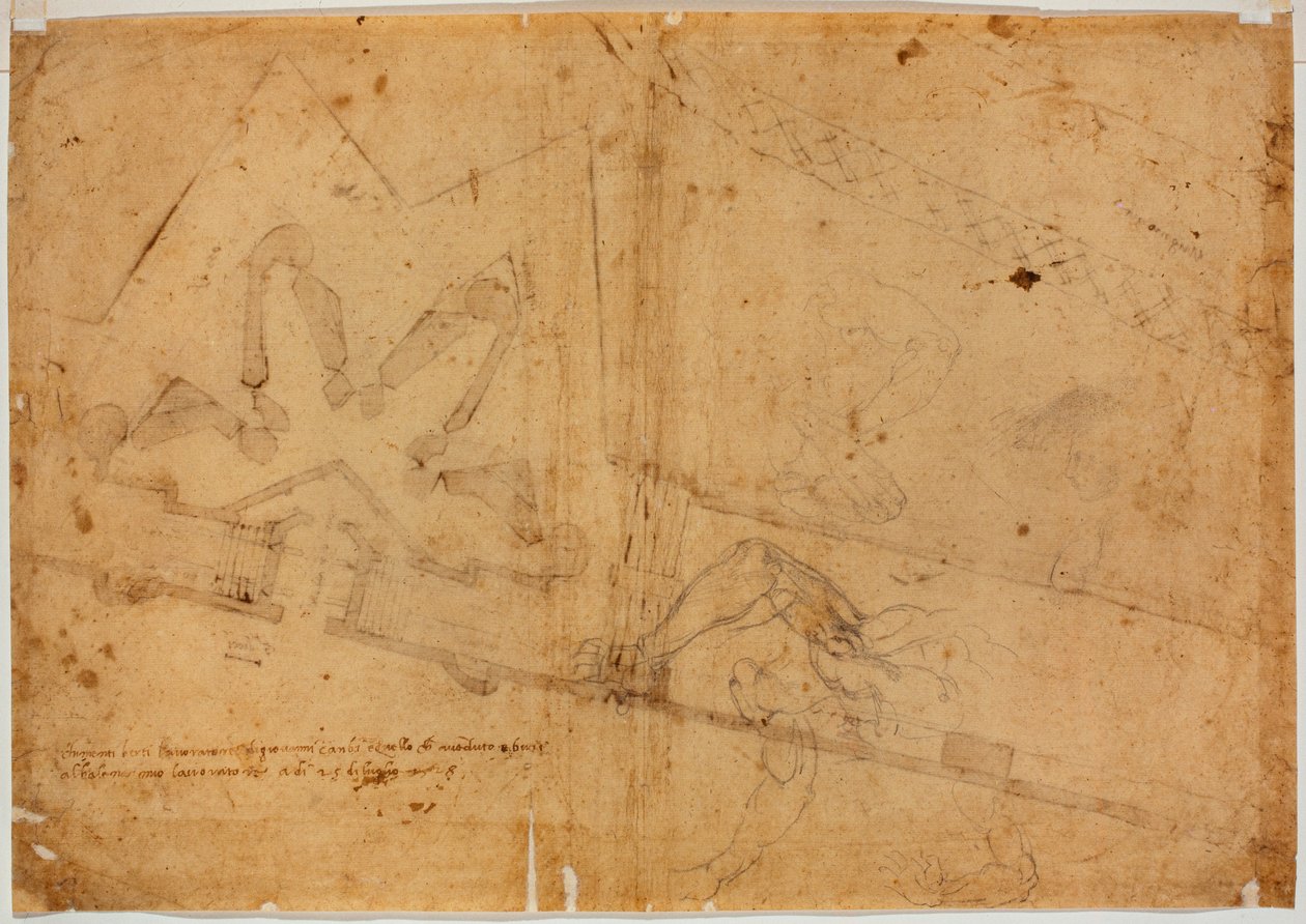 Studie einer Figur von anderer Hand und handschriftliche Inschrift von Michelangelo Buonarroti