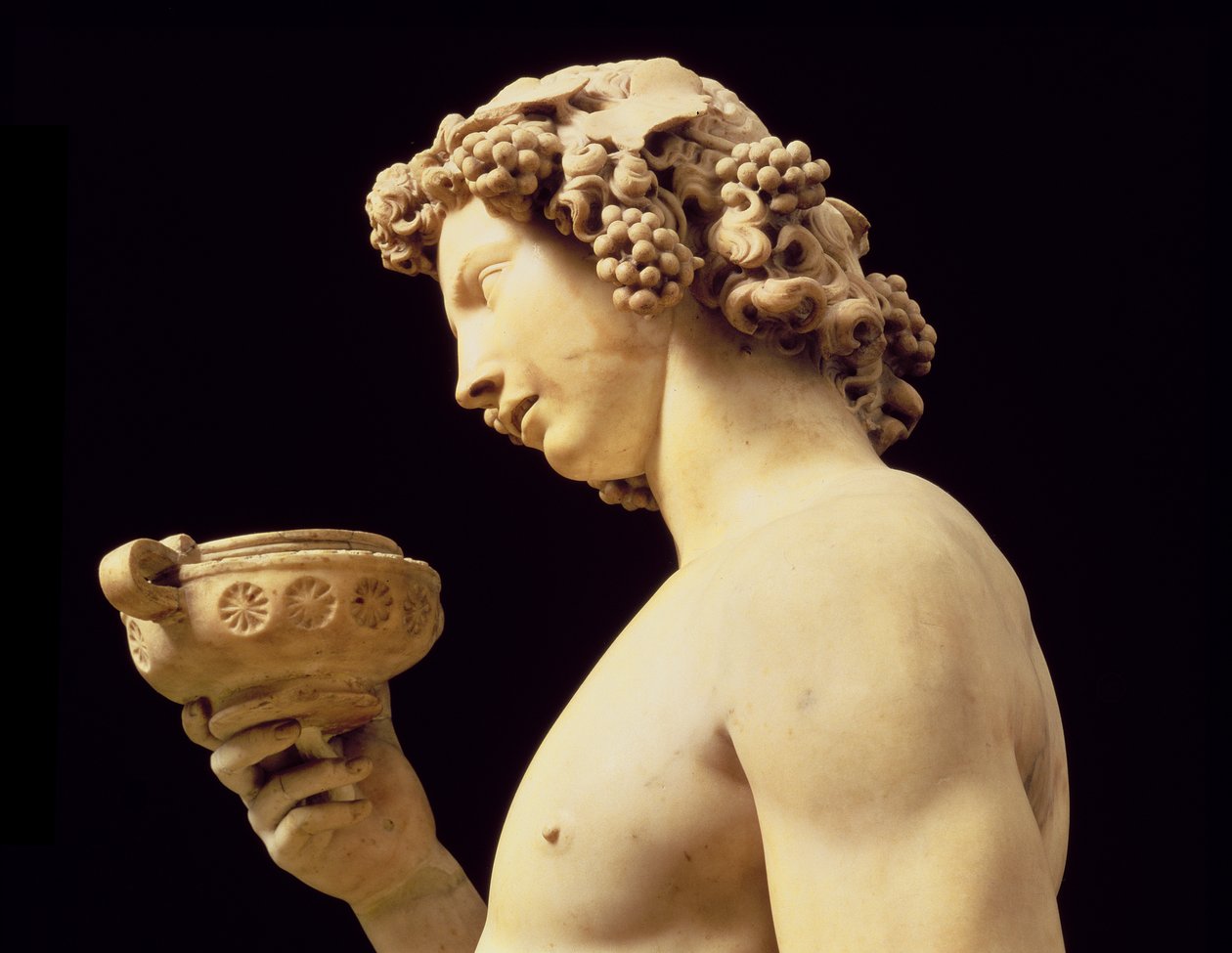 Die Trunkenheit des Bacchus, Detail seines Kopfes, Skulptur von Michelangelo Buonarroti (Detail) von Michelangelo Buonarroti