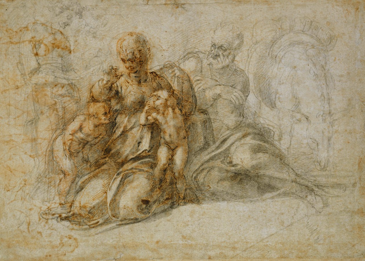 Das Treffen des kleinen Heiligen Johannes des Täufers mit der Heiligen Familie, begleitet von Engeln: Die Rast auf der Flucht nach Ägypten von Michelangelo Buonarroti