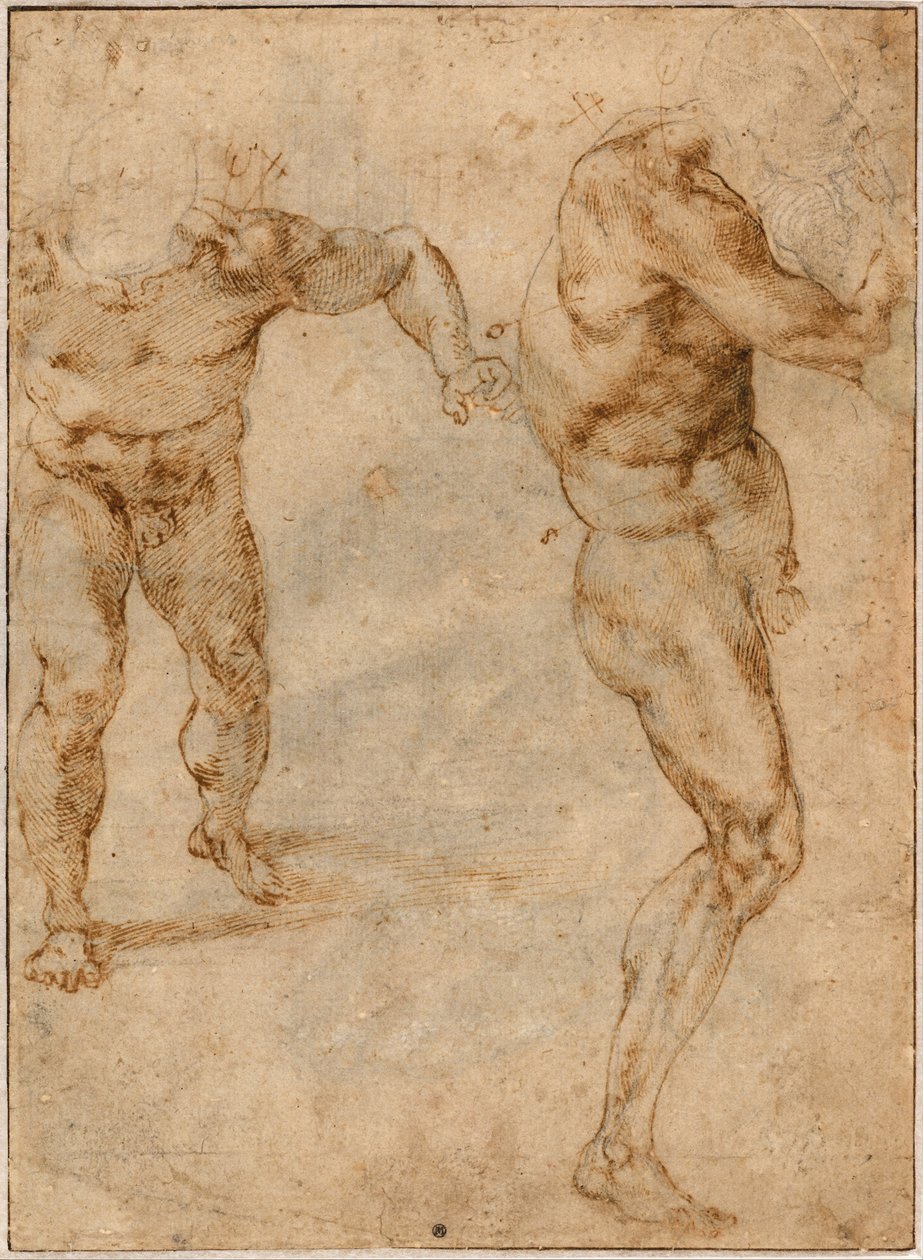 Zwei Aktstudien eines Mannes, der nach vorne stürmt, und eines anderen, der sich nach rechts dreht, ca. 1504 von Michelangelo Buonarroti