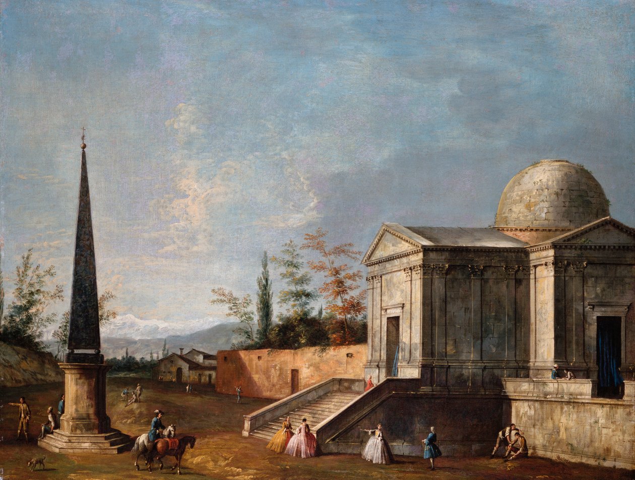Elegante Figuren vor einer klassizistischen Kirche mit Kuppel, ein Obelisk links von Michele Marieschi