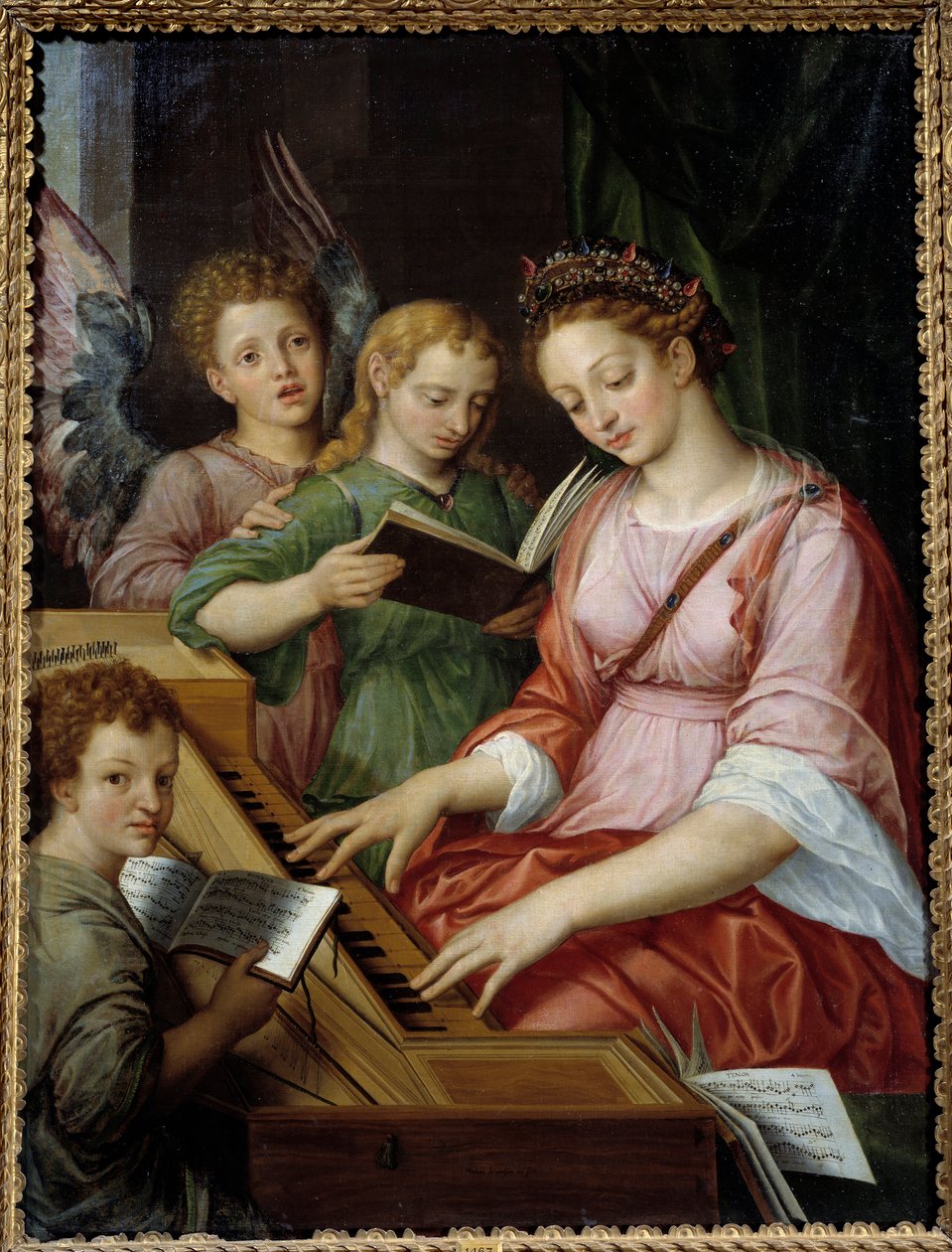 Heilige Cäcilia spielt Cembalo. Gemälde von Michael Coxcie (Michiel Coxien) (1499-1592) von Michiel I Coxie or Coxcie