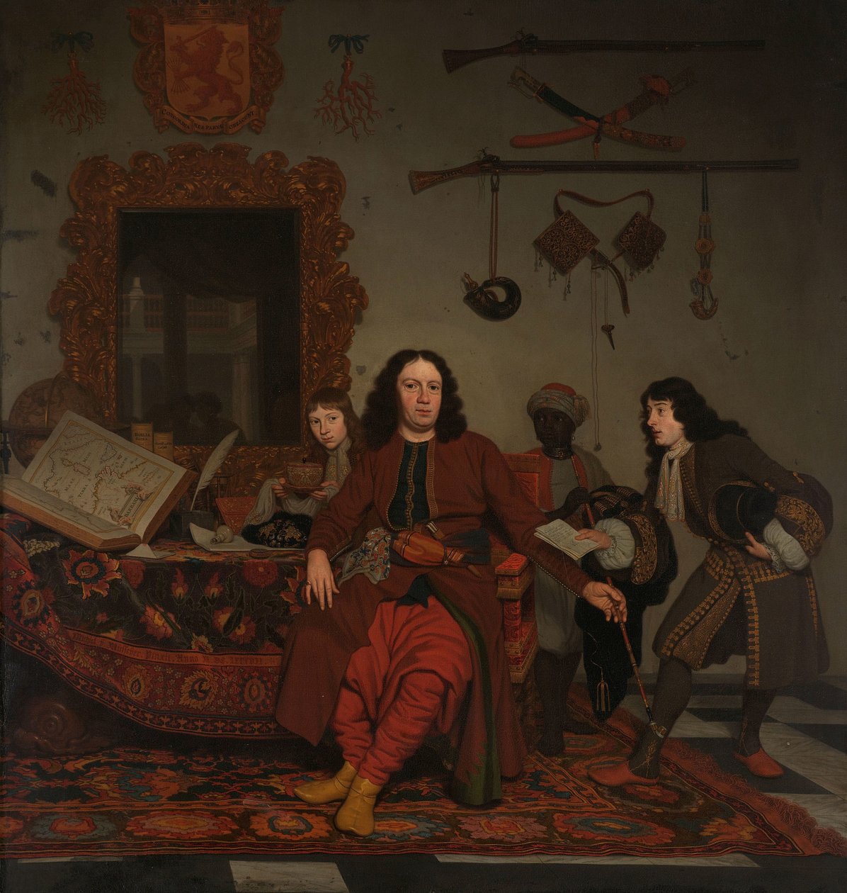 Porträt von Thomas Hees und seinem Diener Thomas und Neffen Jan und Andries Hees (Detail) von Michiel van Musscher