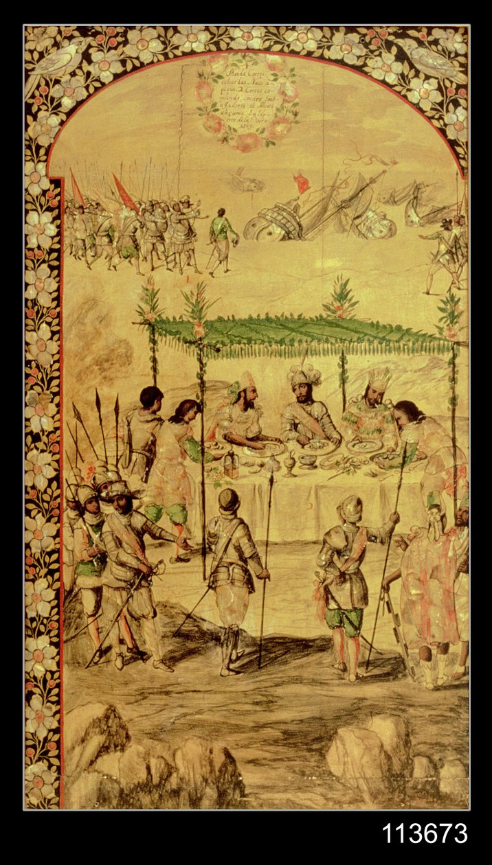 Die Eroberung Mexikos: Hernando Cortes befiehlt die Zerstörung der Schiffe und trifft die Botschafter von Montezuma im Jahr 1520 von Miguel and Juan Gonzalez