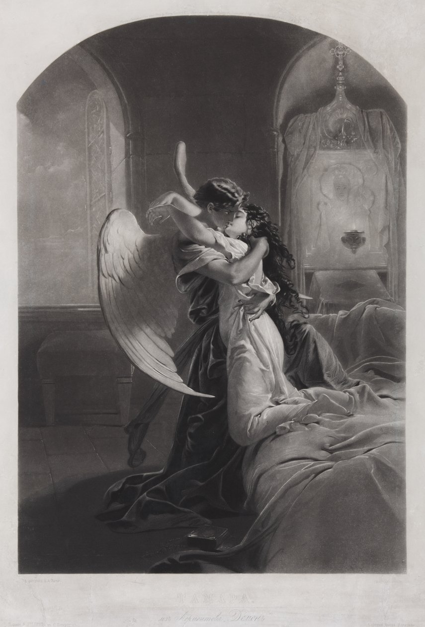Tamara und Dämon. Illustration zum Gedicht Der Dämon von Michail Lermontow, ca. 1880 von Mihaly von Zichy