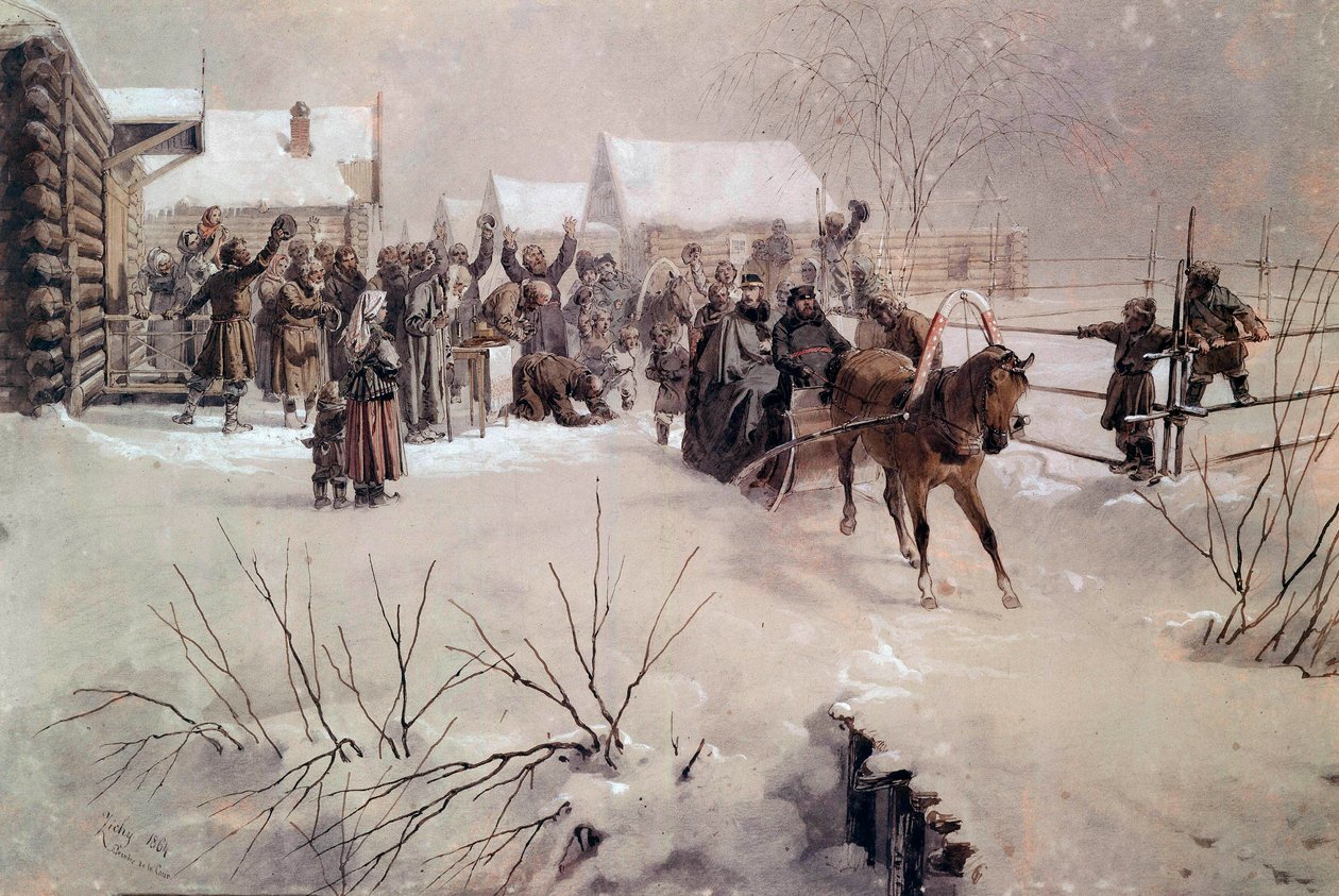 Zar Alexander II. (1818-1881) in einem Schlitten durchquert ein verschneites Dorf. Aquarell von Mihály von Zichy (1827-1906) 19. Jahrhundert Sankt Petersburg, Schloss Peterhof von Mihaly von Zichy
