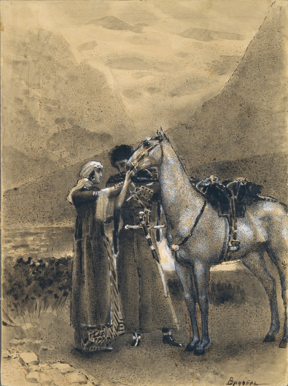 Abschied von Zara mit Ismail. Illustration zum Gedicht Ismail Bey von Mikhail Lermontov, 1890-1891 von Mikhail Aleksandrovich Vrubel