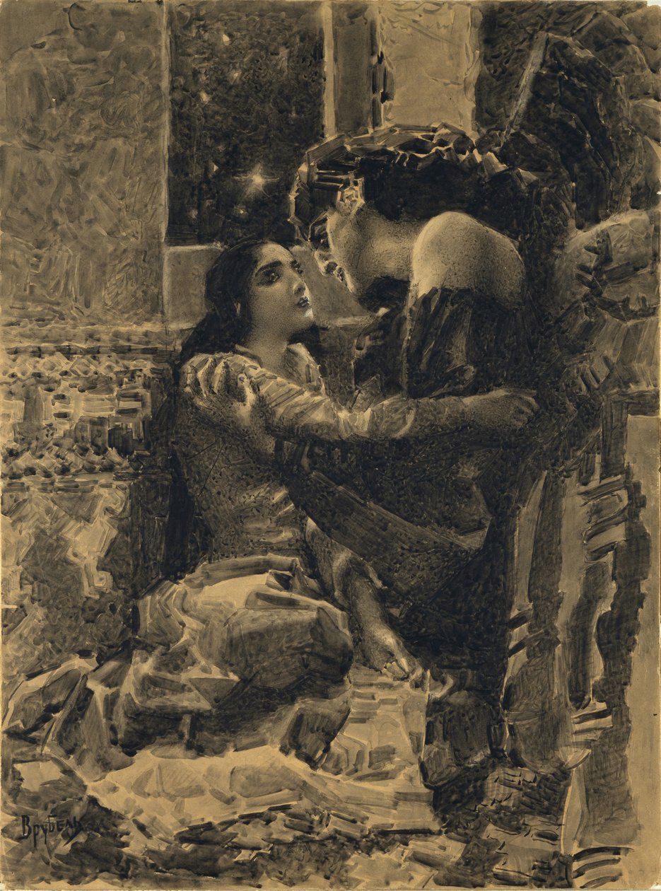 Tamara und Dämon. Illustration zum Gedicht Der Dämon von Michail Lermontow, 1890-1891 von Mikhail Aleksandrovich Vrubel