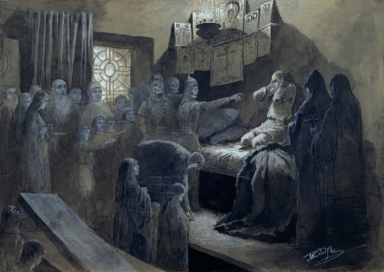 Iwan IV. (1530-84) der Schreckliche, besucht von den Geistern derer, die er ermordet hat (Feder und Tinte mit Körperfarbe auf Papier) von Mikhail Konstantinovich Klodt
