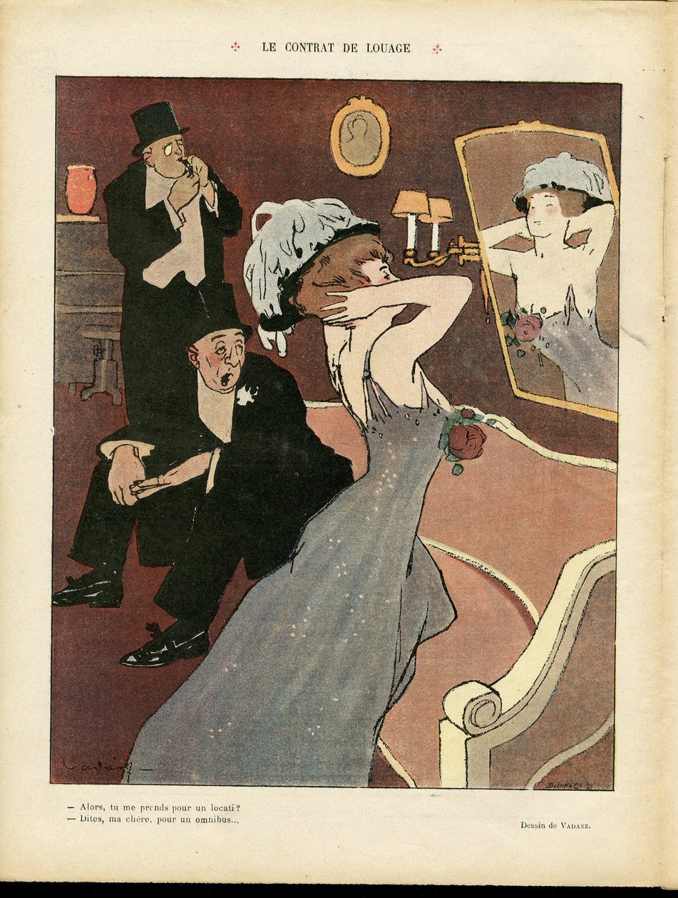 Illustration von Miklos Vadasz (1884-1927) in Le Rire, 07/03/08 - Der Mietvertrag - Prostitution, Innere Architektur von Miklós Vadász