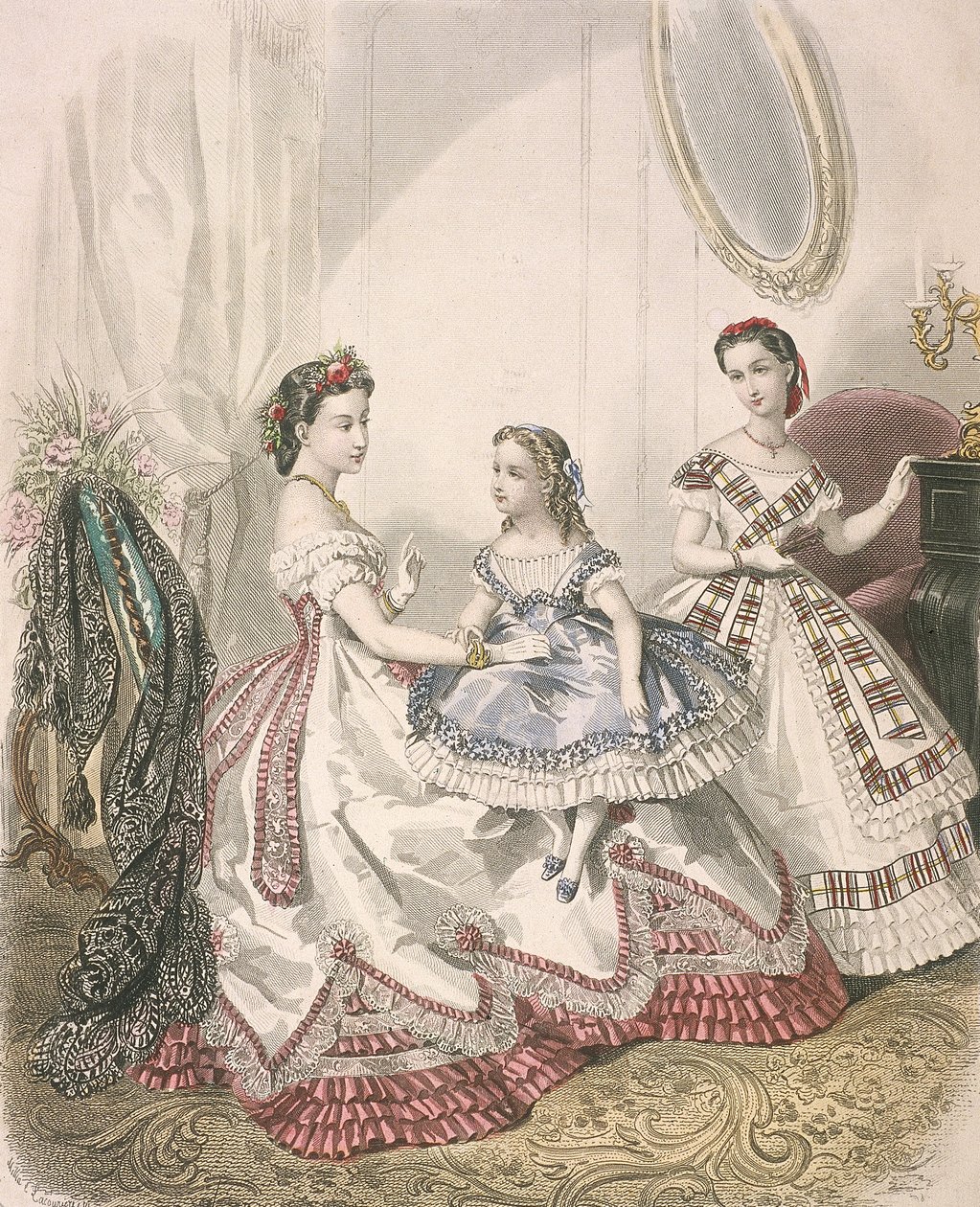 Zwei Frauen und ein kleines Mädchen in den neuesten Innenmoden, ca. 1860 von Millia Lacouriere