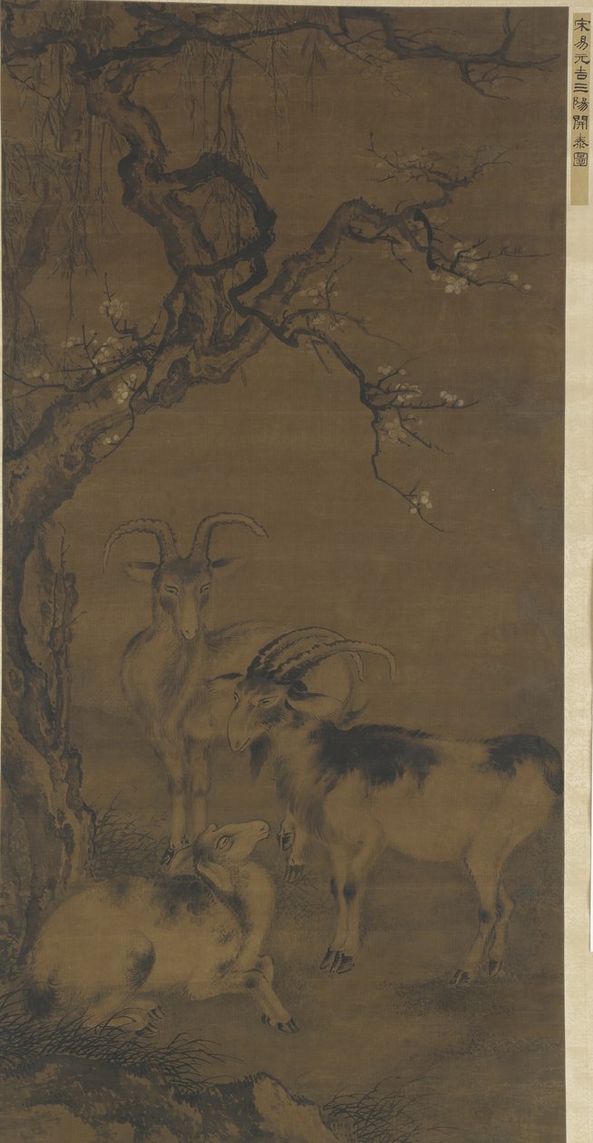 Drei Ziegen unter einem blühenden Pflaumenbaum, 16.-17. Jahrhundert von Ming Dynasty Chinese School