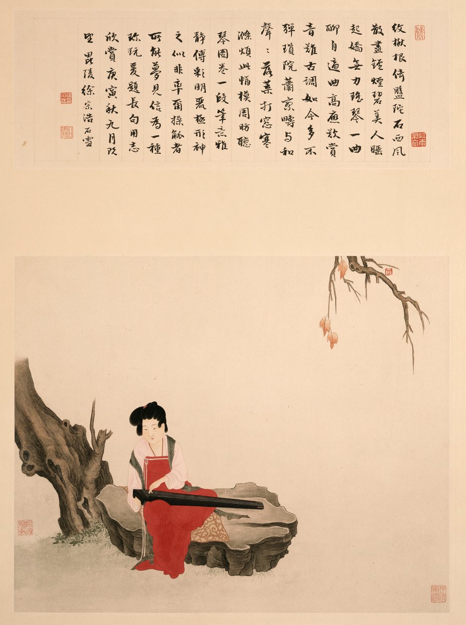 Dame, die auf einem Felsen sitzt und Qin spielt von Ming Yu