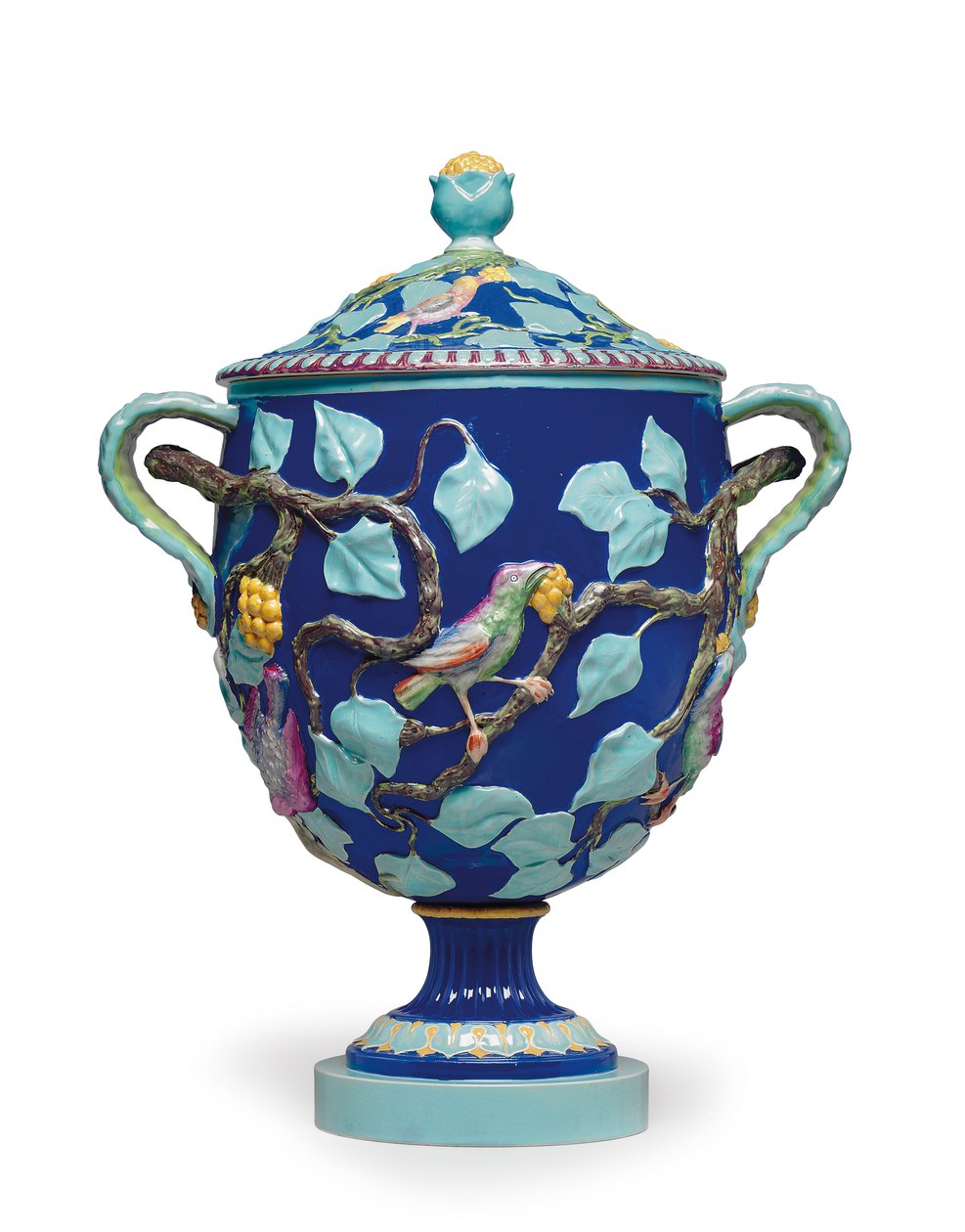 Englische Majolika-Zweihandvase mit Deckel, Mitte des 19. Jahrhunderts von Mintons Ltd (attr. to)