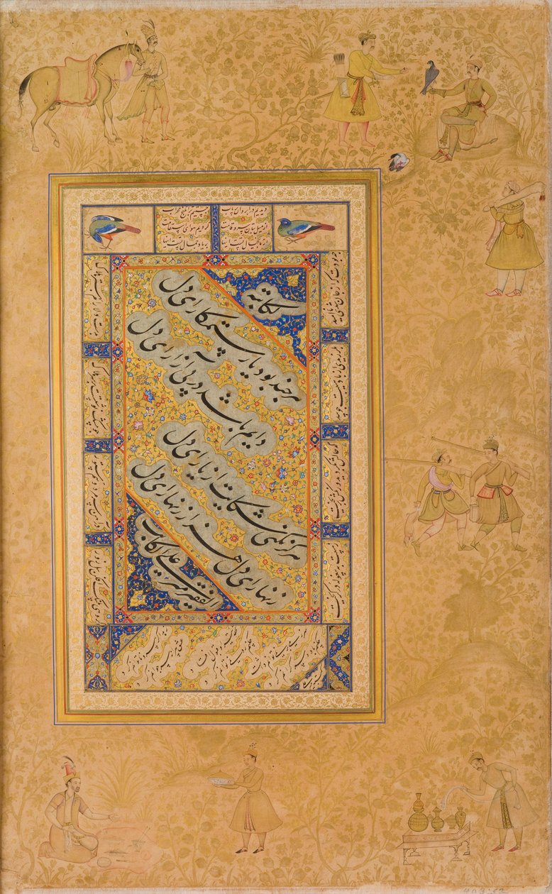 Seite aus einem Album für Jahangir, recto, recto Kalligraphie erste Hälfte des 16. Jahrhunderts; verso Bild um 1590; Album um 1608-19 von Mir Ali Al Husayni