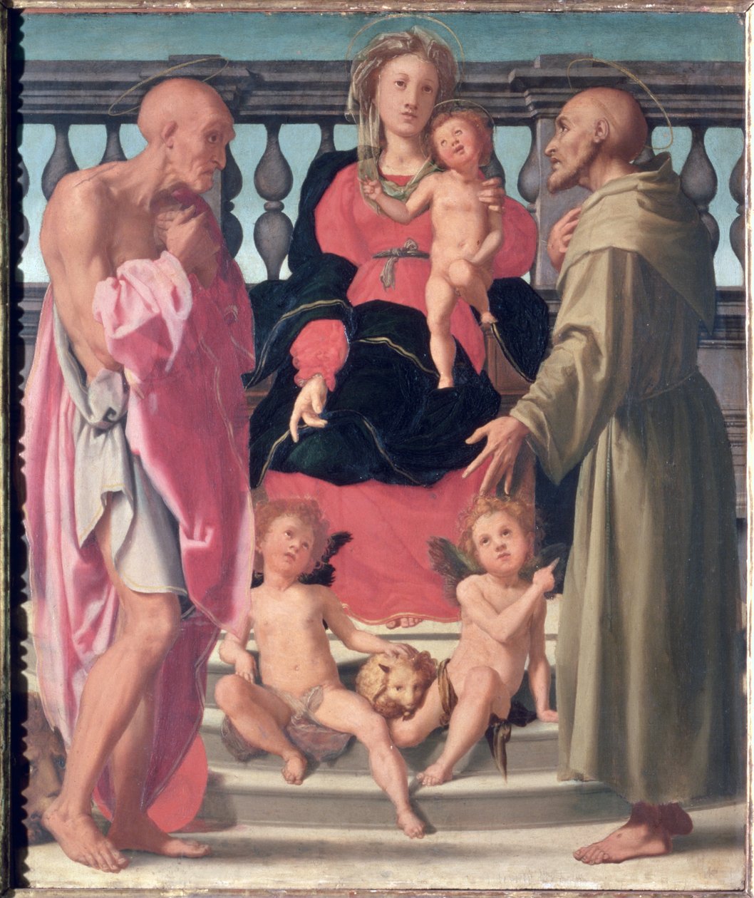 Madonna mit Kind und den Heiligen Hieronymus und Franziskus (Tafel) von Mirabello Cavalori