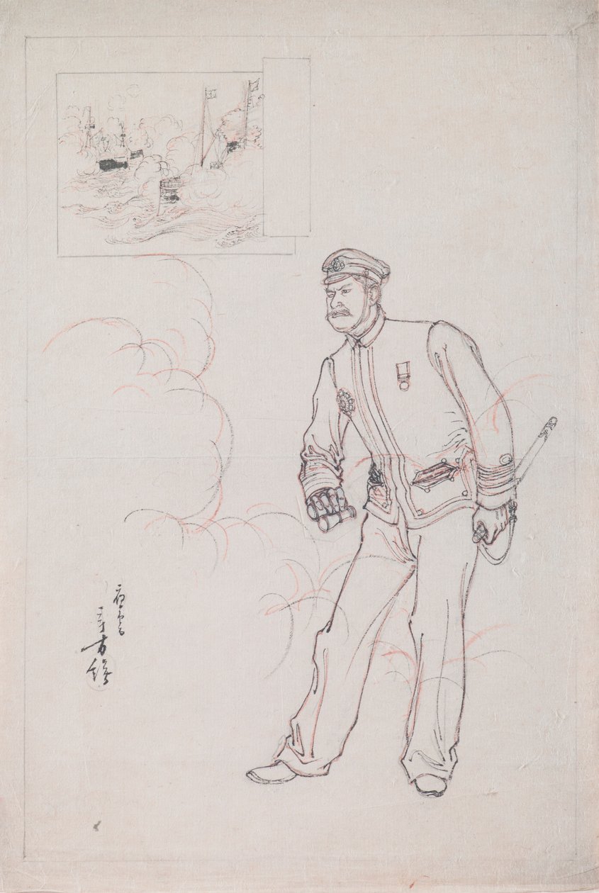 Vorbereitende Zeichnung für einen Holzschnitt, der einen japanischen Marineoffizier während des Chinesisch-Japanischen Krieges darstellt von Mizuno Toshikata