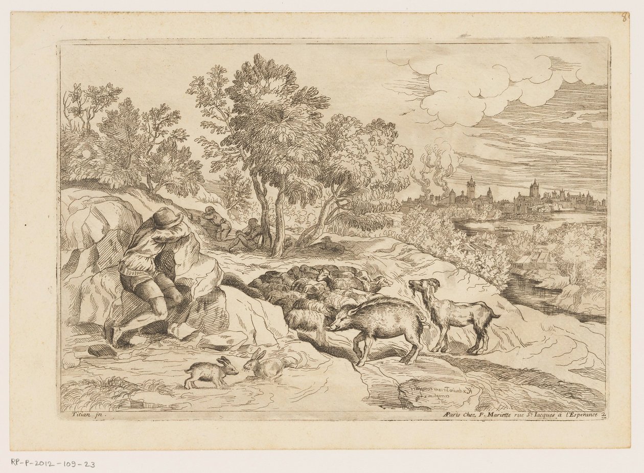 Landschaft mit drei ruhenden Hirten bei einer Herde von Moise Jean Baptiste Fouard