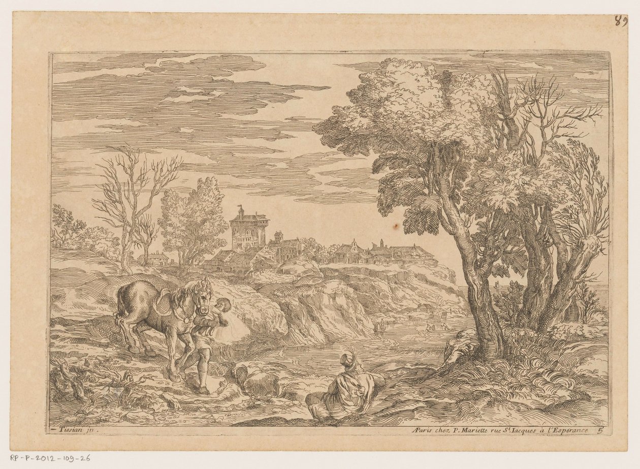 Landschaft mit Mann, der mit Pferd einen Fluss überquert von Moise Jean Baptiste Fouard