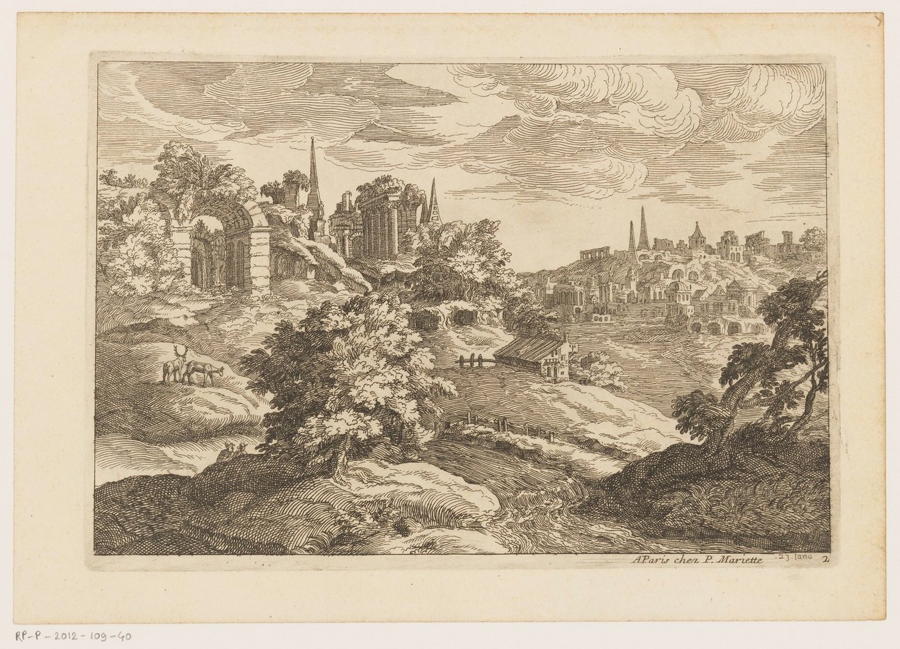 Landschaft mit Ruinen und Hirschen, Landschaften nach Tizian (Serientitel) von Moise Jean Baptiste Fouard