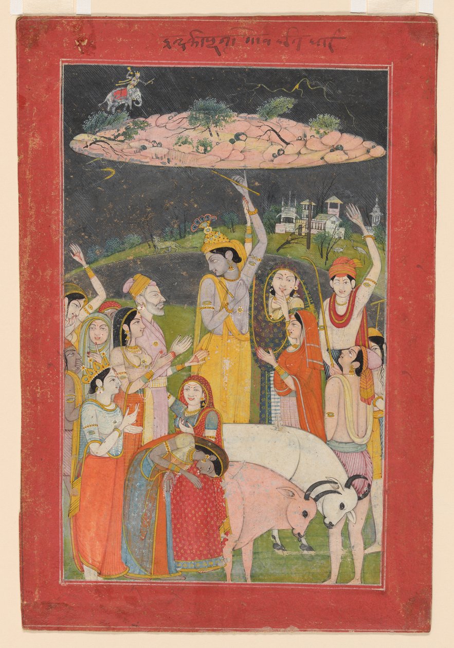 Krishna hält den Berg Govardhan, Pahari-Schule von Mola Ram (attr. to)
