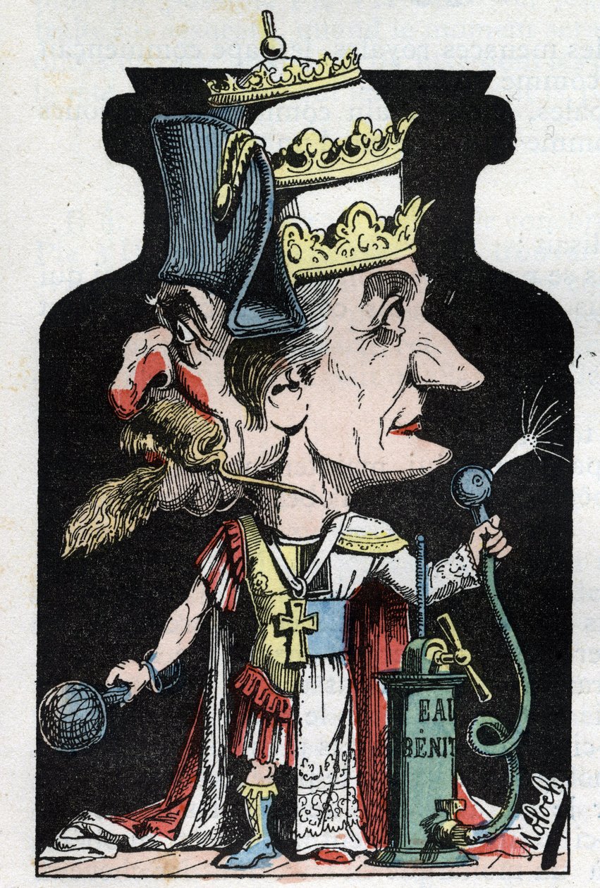 Allegorie des Konkordats (unterzeichnet zwischen Pius VII. und Bonaparte) von 1801, dargestellt von Moloch als Kompressionsgerät mit Napoleon III. und dem Papst von Moloch