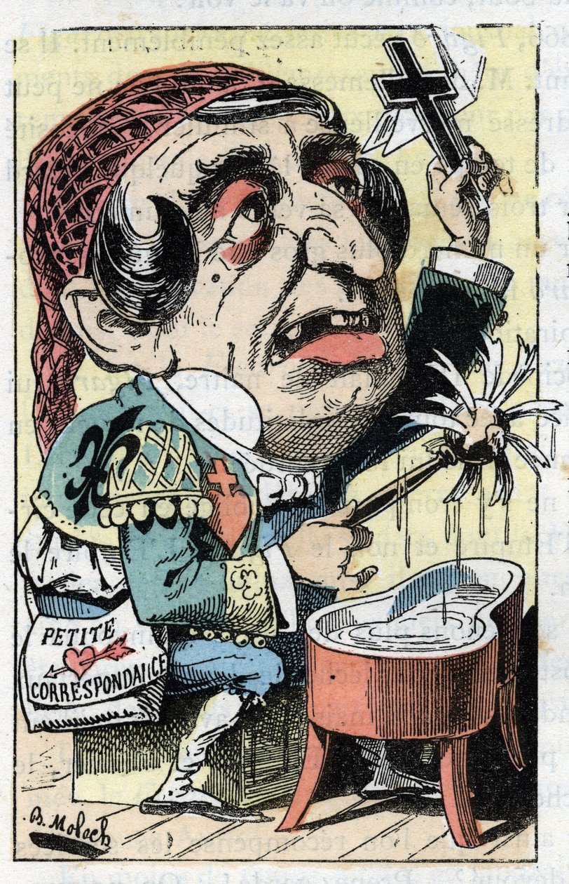 Allegorie der französischen Zeitung Le Figaro in „Le Trombinoscope“ von Touchatout, Karikatur von B. Moloch von 1882 (1849-1909). Private Sammlung von Moloch