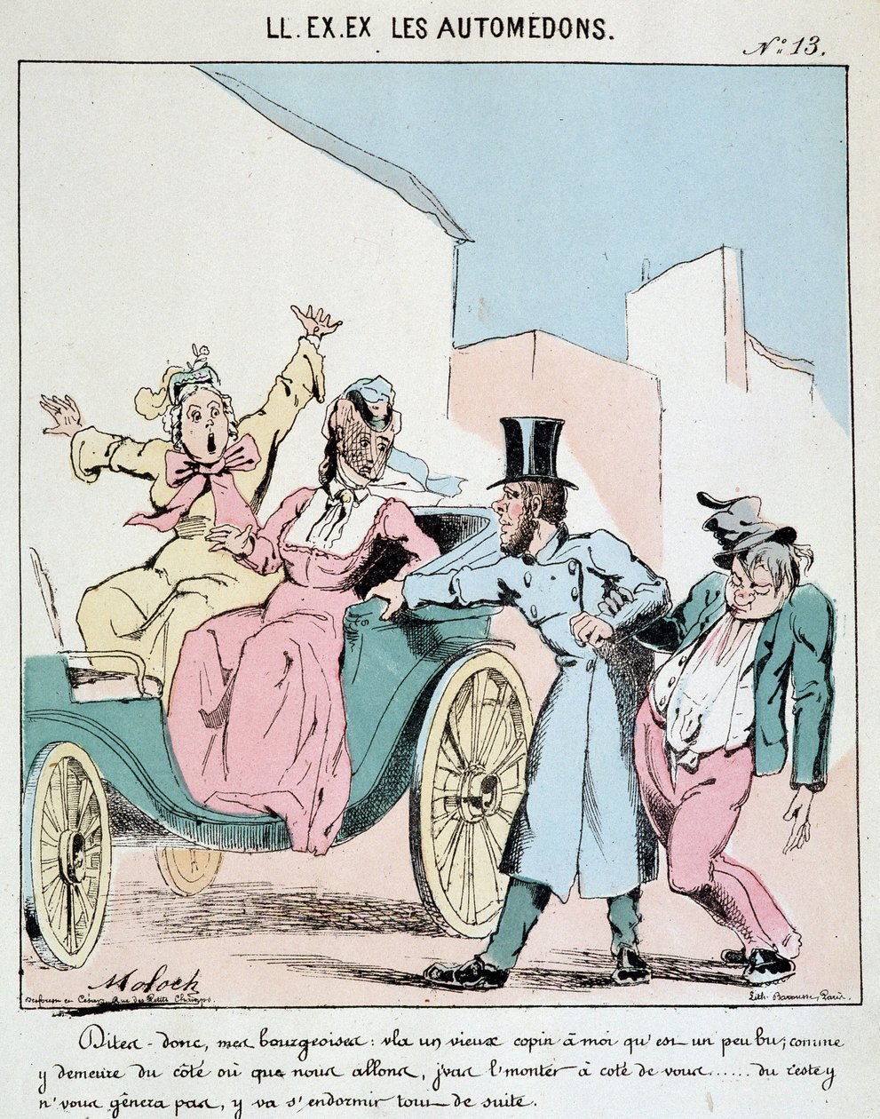 HE. EX. EX. Motoredons: Cartoon des Transports in der Stadt. Ein Kutscher nimmt einen betrunkenen Freund in die Kutsche neben zwei entsetzten Bourgeois-Frauen. Zeichnung von Moloch (1849-1909), um 1860 von Moloch