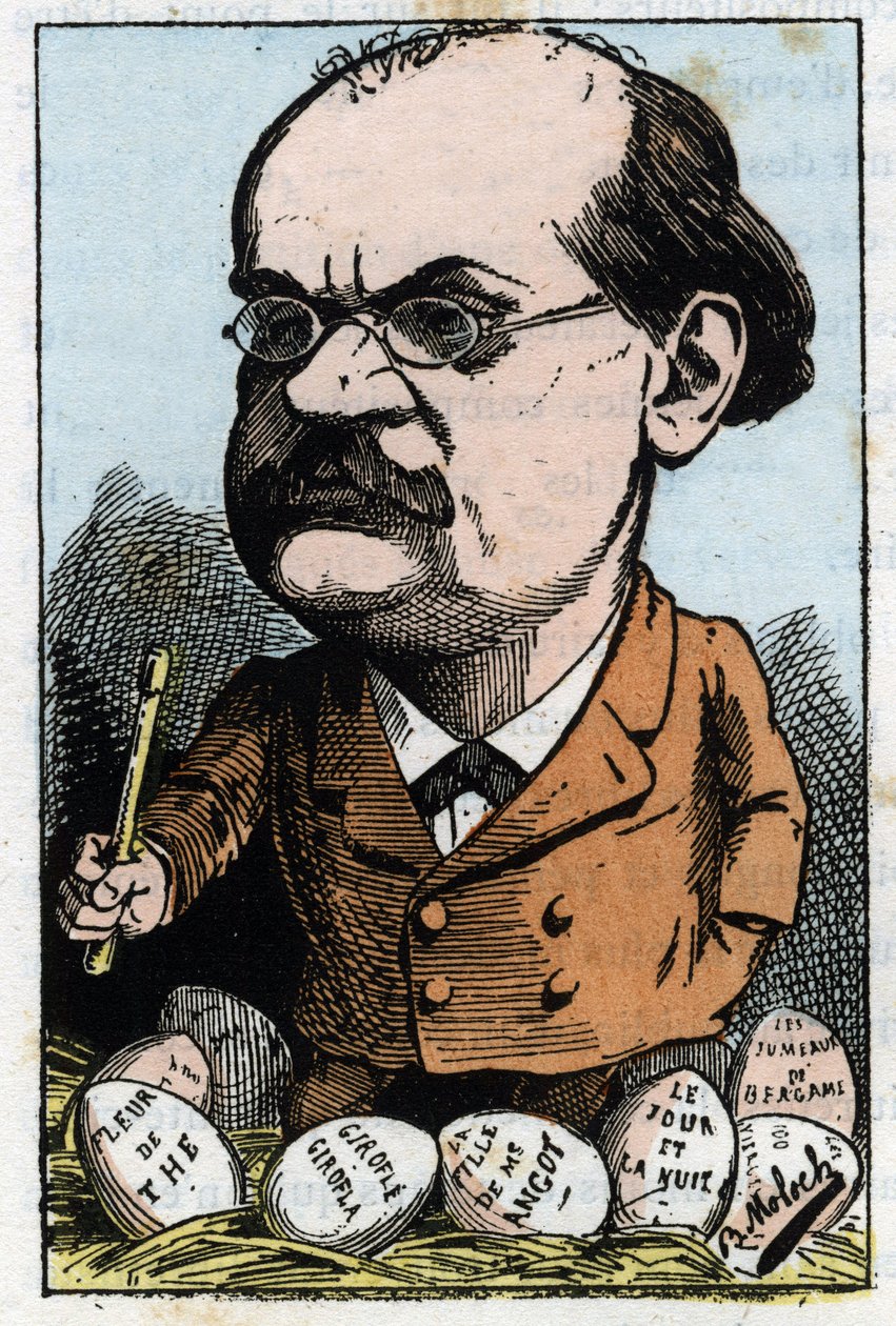 Porträt von Alexandre Charles Lecocq (1832-1918), französischer Komponist in „Le Trombinoscope“ von Touchatout, Karikatur von B. Moloch von 1882 (1849-1909). Private Sammlung von Moloch